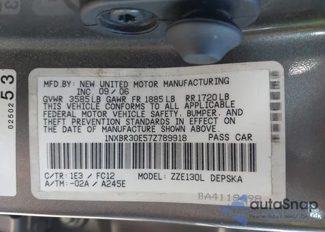 2007 Toyota Corolla S z USA, uszkodzony, nr VIN 1NXBR30E57Z789918